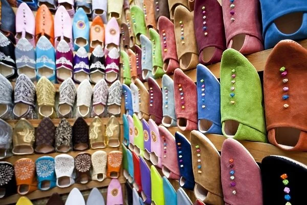 Soft leather Moroccan slippers in the Souk, Medina, Marrakesh, Morocco, North Africa, Africa