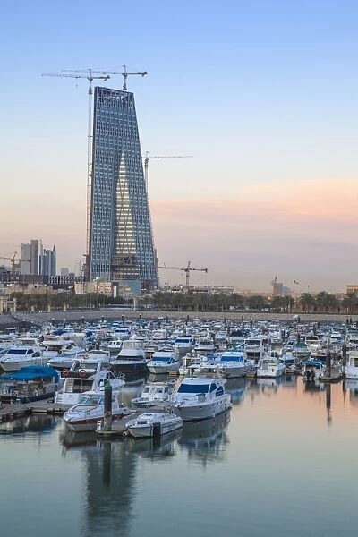 Souk Shark Shopping Center and Marina with new Central Bank of Kuwait in distance, Kuwait City, Kuwait, Middle East