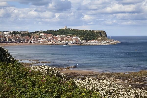 South Bay and Castle Hill from South Cliff Gardens, Scarborough, North Yorkshire, England, United Kingdom, Europe