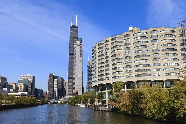 The south branch of the Chicago River, Willis Tower, formerly Sears Tower, in the centre, Chicago, Illinois, United States of America, North America