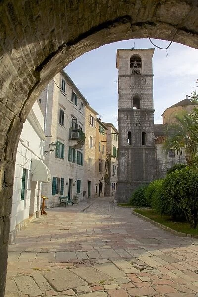 South Gate and bell tower, Old Town, Kotor, UNESCO World Heritage Site, Montenegro, Europe
