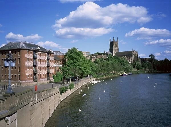South Quay, cathedral and River Severn, Worcester, Hereford and Worcester