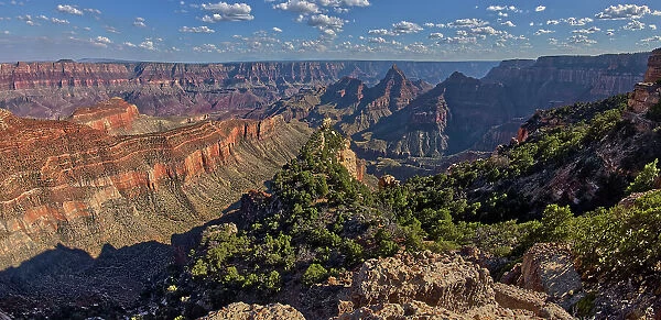 South Rim in the distance viewed from Cape Final on the North Rim with Freya's Castle just right of center, Grand Canyon National Park, UNESCO World Heritage Site, Arizona, United States of America, North America