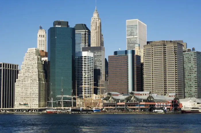Framed Print : South Street Seaport and tall buildings beyond Framed Print : South Street Seaport and tall buildings beyond