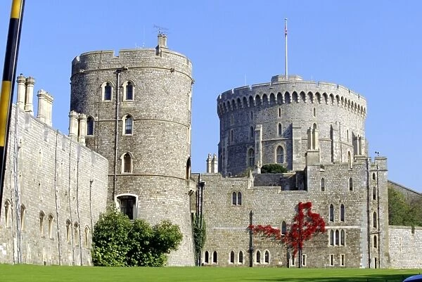 The southern walls of Windsor Castle, with the Round Tower within, the castle has been home to Royalty for 900 years, Windsor, Berkshire