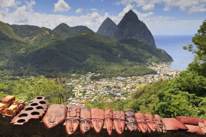 Framed Print : Souvenir stall with view of the Pitons and Soufriere, St. Lucia, Windward Islands, West Indies, Caribbean Framed Print : Souvenir stall with view of the Pitons and Soufriere, St. Lucia, Windward Islands, West Indies, Caribbean