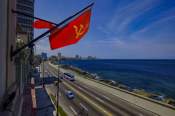 A Soviet Union flag above the Malecon, Havana, Cuba, West Indies, Central America
