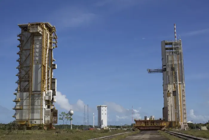 Framed Print : In the space center of Kuru, a rocket booster of the third system Ariane