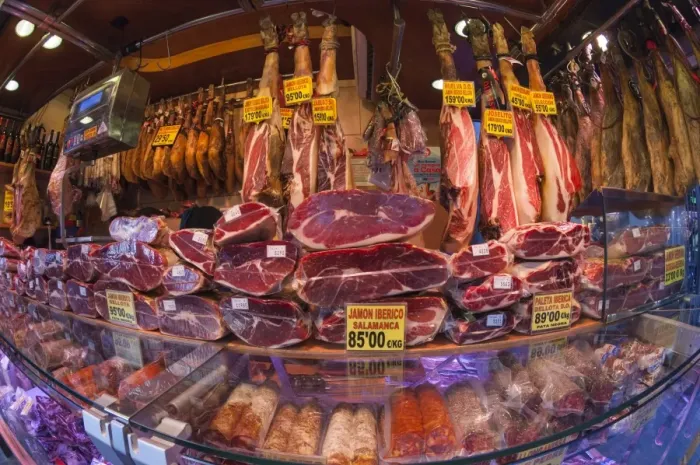 Framed Print : Spanish ham for sale in covered market, Las Ramblas, Barcelona, Catalunya, Spain, Europe