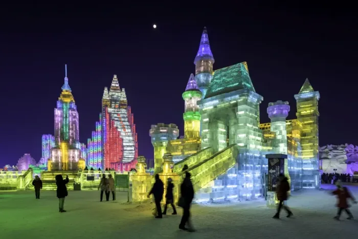 Framed Print : Spectacular illuminated ice sculptures at the Harbin Ice and Snow Festival in Harbin Framed Print : Spectacular illuminated ice sculptures at the Harbin Ice and Snow Festival in Harbin