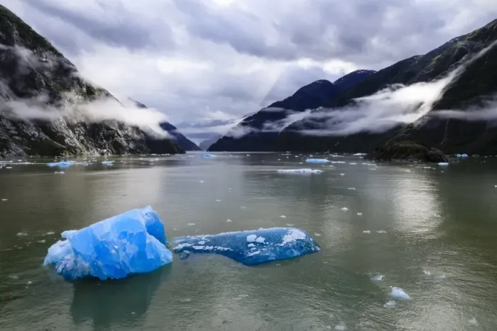 Framed Print : Spectacular Tracy Arm Fjord, brilliant blue icebergs and backlit clearing mist, mountains Framed Print : Spectacular Tracy Arm Fjord, brilliant blue icebergs and backlit clearing mist, mountains