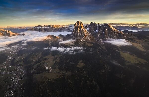 A spectacular view over Sassopiatto (Plattkofel), Sassolungo (Langkofel), the Rolle Group and the Gardena Valley, South Tyrol, Dolomites, Italy, Europe