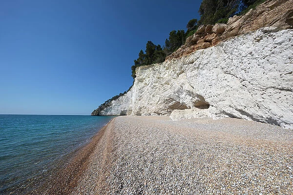 Spiaggia di Vignanotica pebble beach under a white cliff, Mattinata, Gargano promontory, Puglia, Italy, Europe