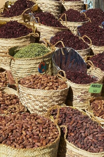 Spices and dates for sale in the market or souk of Aswan, Egypt, North Africa, Africa
