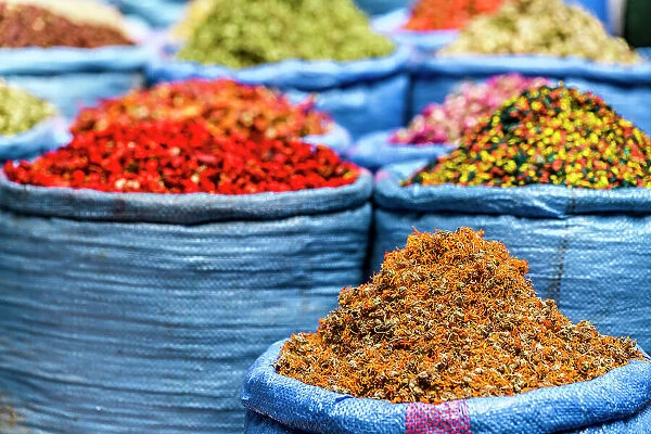 Spices and herbs for sale in Marrakech souk, Morocco, North Africa, Africa