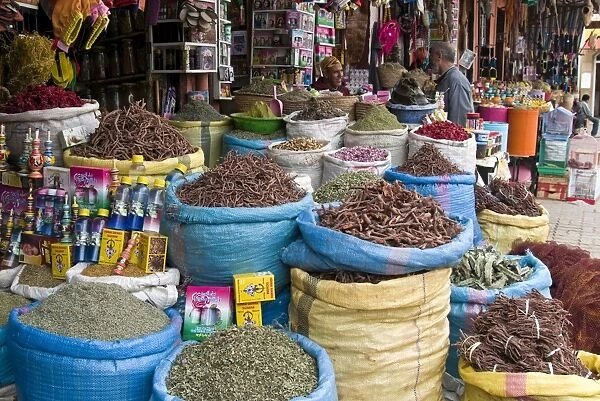 Spices and herbs for sale in the souk, Medina, Marrakech (Marrakesh), Morocco