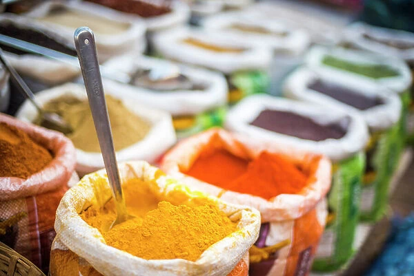 Spices for sale in Mapusa Spice Market, Goa, India, Asia