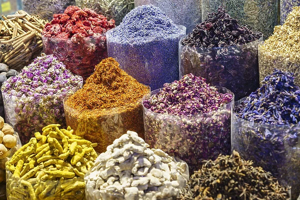 Spices for sale in the Spice Souk, Al Ras, Deira, Dubai, United Arab Emirates, Middle