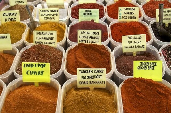 Spices on stall in the market in Kalkan, Anatolia, Turkey, Asia Minor, Eurasia