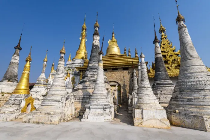 Framed Print : Spike pagodas at the Shwe Inn Dein pagoda, Inn Thein, Inle Lake, Shan state