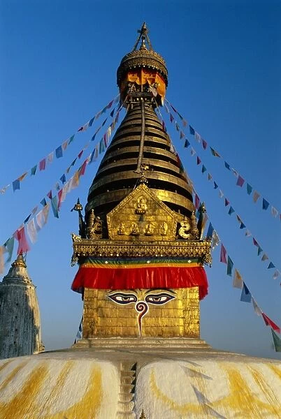 Spire and prayer flags of the Swayambhunath Stupa in Kathmandu