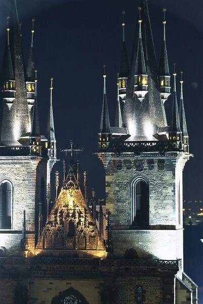 The spires of the Gothic Tyn church at night, Stare Mesto Square, Prague
