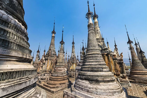Many spires like pagodas, Tharkong Pagoda, southern Inle Lake, Shan state