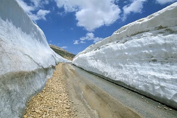 Spring snow on road crossing the Mount Lebanon range near Bcharre