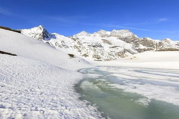 Spring thaw at Bernina Pass, St. Moritz, Upper Engadine, Canton of Graubunden, Switzerland