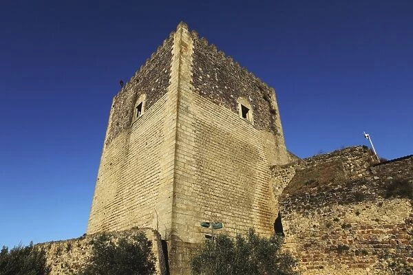 Square stone tower of the 14th century castle, built 1312 to 1327, at the walled city of Castelo de Vide, Alentejo, Portugal