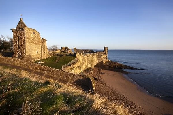 St. Andrews Castle and Castle Sands from The Scores at sunrise, Fife, Scotland, United Kingdom
