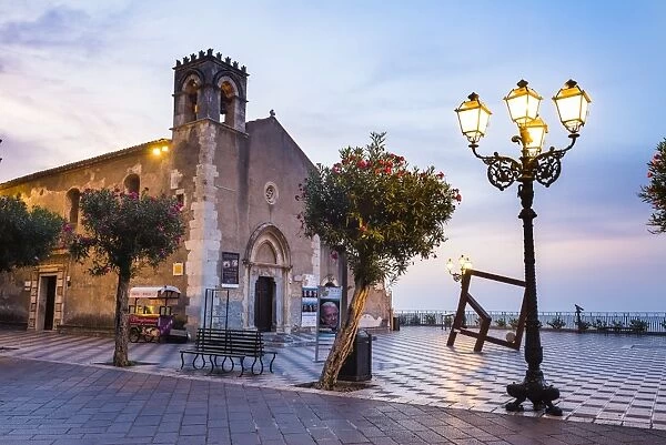 St. Augustines Church in Piazza IX Aprile at night, Taormina, Sicily, Italy, Europe