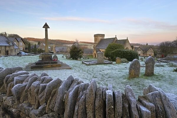 St. Barnabas church and Cotswold village in frost, Snowshill, Cotswolds, Gloucestershire