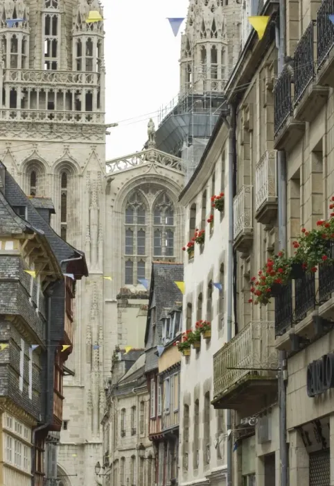 Framed Print : St. Corentin Cathedral and Rue Kereon, Quimper, Finistere, Brittany, Europe Framed Print : St. Corentin Cathedral and Rue Kereon, Quimper, Finistere, Brittany, Europe