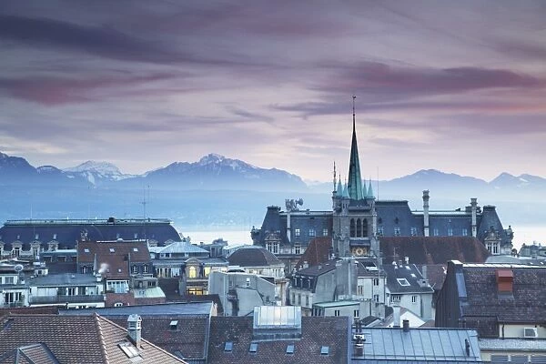 St. Francois Church and city skyline at dusk, Lausanne, Vaud, Switzerland, Europe