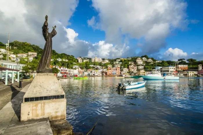 Framed Print : St. Georges statue in the inner harbour of St. Georges, capital of Grenada, Windward Islands, West Indies, Caribbean, Central America Framed Print : St. Georges statue in the inner harbour of St. Georges, capital of Grenada, Windward Islands, West Indies, Caribbean, Central America