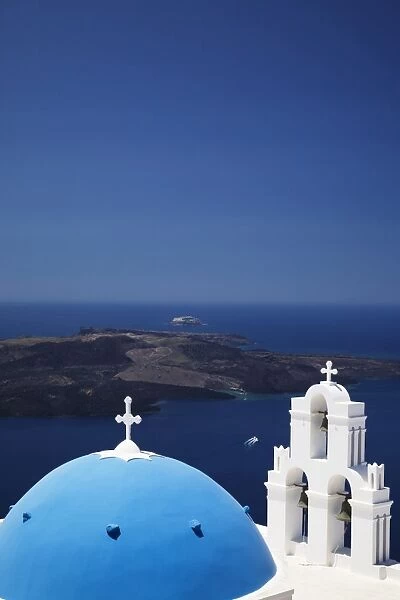 St. Gerasimos Church with blue dome overlooking the Aegean Sea, Firostefani, Santorini, Cyclades, Greek Islands, Greece, Europe