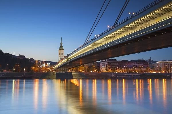 St. Martins Cathedral and New Bridge over the River Danube at dusk, Bratislava, Slovakia, Europe