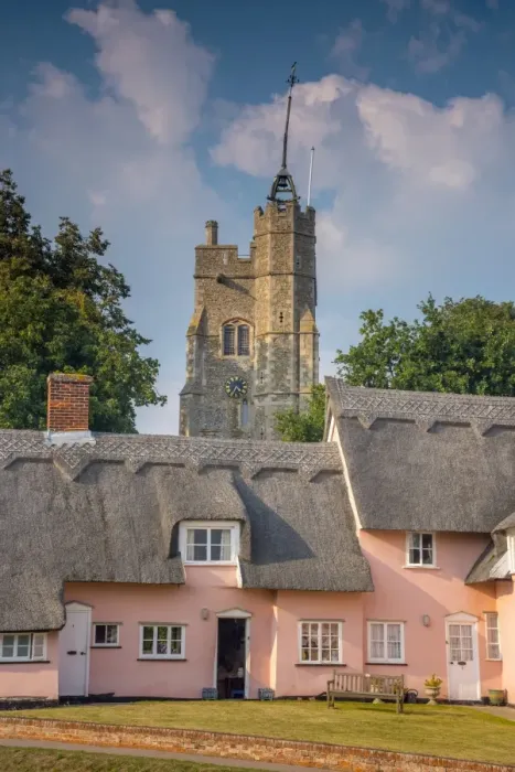 Framed Print : St. Mary the Virgins Church and the Pink Cottages, Cavendish, Suffolk, England, United Kingdom Framed Print : St. Mary the Virgins Church and the Pink Cottages, Cavendish, Suffolk, England, United Kingdom