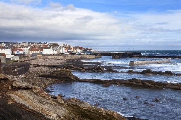 St. Monans fishing village and harbour from the Fife Coast Path, Fife, Scotland, United Kingdom