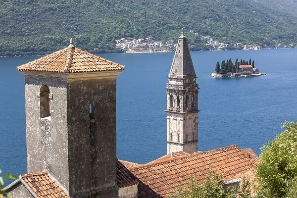 St. Nicholas Church and St. Georges Island in the background, Perast, Bay of Kotor, UNESCO World Heritage Site, Montenegro, Europe