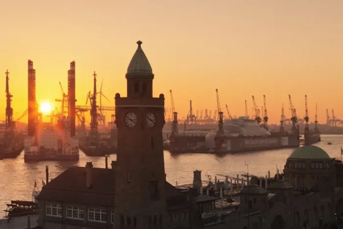 Framed Print : St. Pauli Landungsbruecken pier against harbour at sunset, Hamburg, Hanseatic City Framed Print : St. Pauli Landungsbruecken pier against harbour at sunset, Hamburg, Hanseatic City