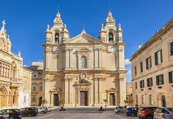 St. Pauls Cathedral and St. Pauls Square inside the medieval walled city of Mdina, Malta, Europe