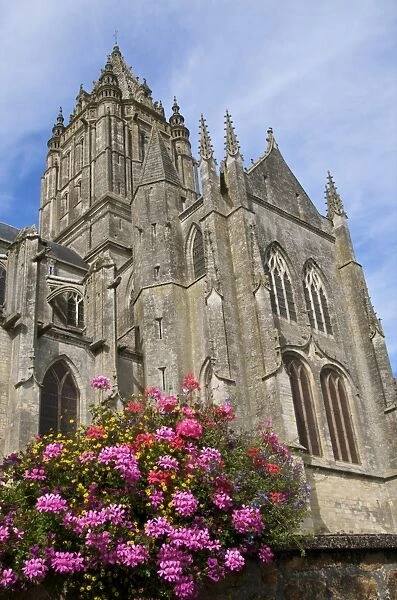 St. Peter church dating from the 15th century. with flowers, Coutances, Cotentin, Normandy, France, Europe