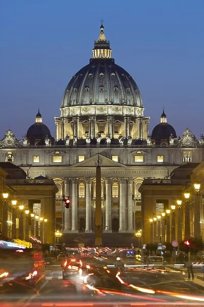 St. Peters Basilica viewed along Via della Conciliazione at night, Rome, Lazio, Italy