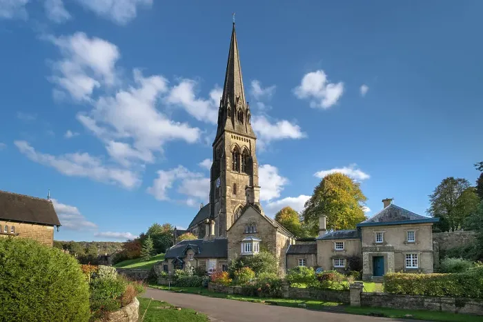 Framed Print : St. Peter's Church and the village of Edensor in autumn, Chatsworth Estate, Peak District National Park, Derbyshire, England, United Kingdom, Europe Framed Print : St. Peter's Church and the village of Edensor in autumn, Chatsworth Estate, Peak District National Park, Derbyshire, England, United Kingdom, Europe