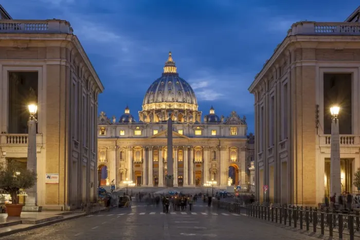 Framed Print : St. Peters Square and St. Peters Basilica at night, Vatican City, UNESCO World Heritage Site
