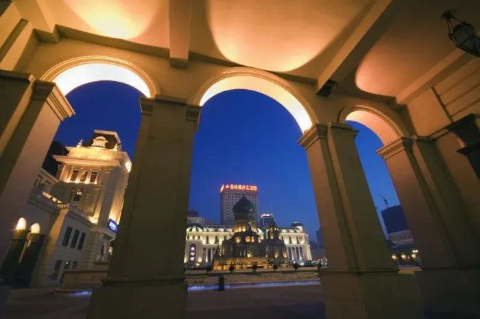 Framed Print : St. Sophia Russian Orthodox Church seen through arches illuminated at night Framed Print : St. Sophia Russian Orthodox Church seen through arches illuminated at night