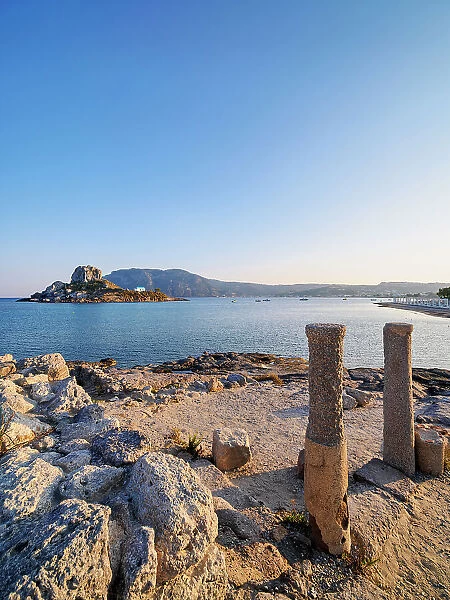 St. Stefanos Basilica Ruins and Kastri Island at sunset, Agios Stefanos Beach, Kos Island, Dodecanese, Greek Islands, Greece, Europe