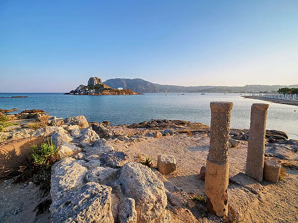 St. Stefanos Basilica Ruins and Kastri Island at sunset, Agios Stefanos Beach, Kos Island, Dodecanese, Greek Islands, Greece, Europe